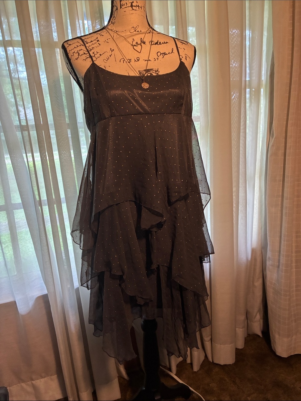 Free People Black High-Low Layered Chiffon Slip Dress with Metallic Dots
